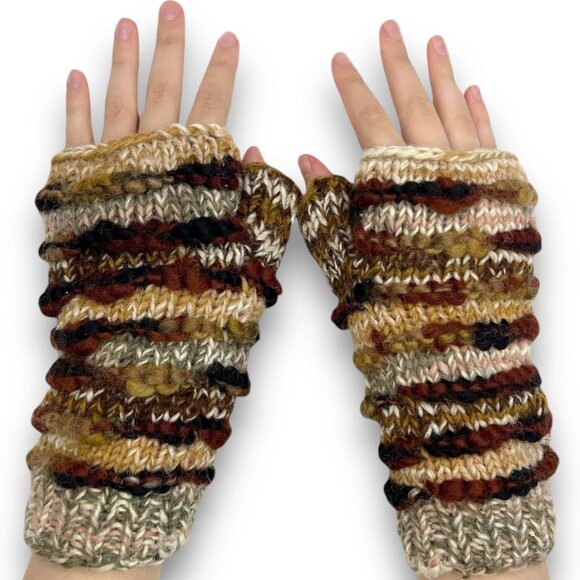 Hand Knit Winter Fingerless Striped Texting Gloves Warm Wool Fleece Lined - Picture 1 of 3